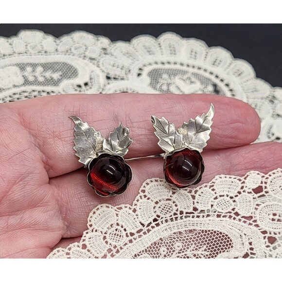 Sterling Silver and Amber Colored Glass Cabochon Screw Back Earrings - Picture 1 of 8